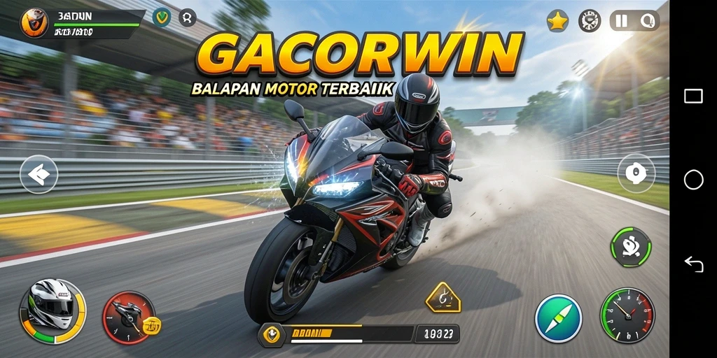 Screenshot gameplay GACORWIN menampilkan balapan motor yang mendebarkan.