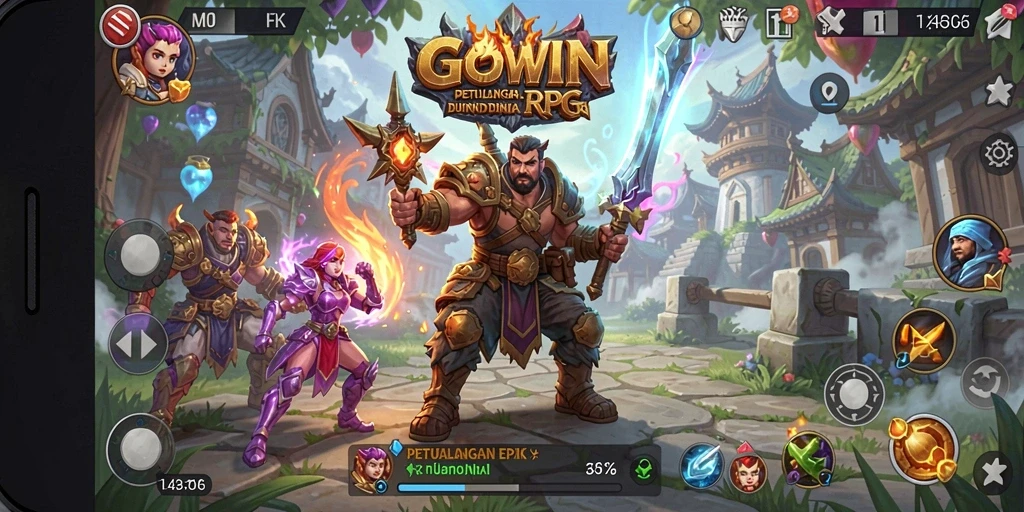 Tampilan screenshot GOWIN menampilkan momen aksi seru dalam gameplay RPG.