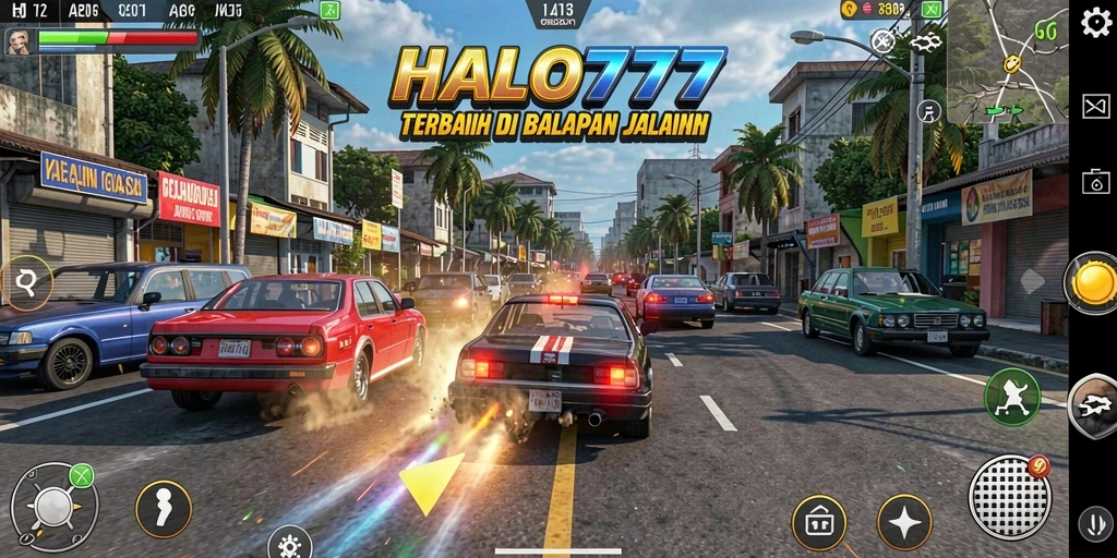 Tampilan gameplay HALO777 dengan mobil balap yang memukau.
