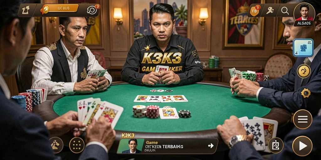 Tampilan gameplay K3K3 dengan suasana Poker yang mendebarkan.