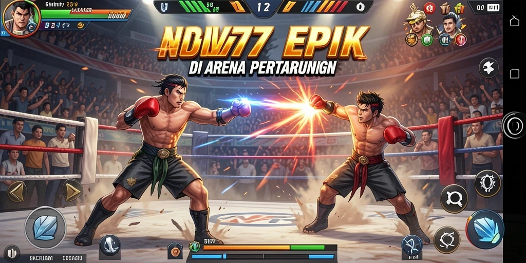 Screenshot NV77 menampilkan aksi pertarungan mendebarkan di arena.