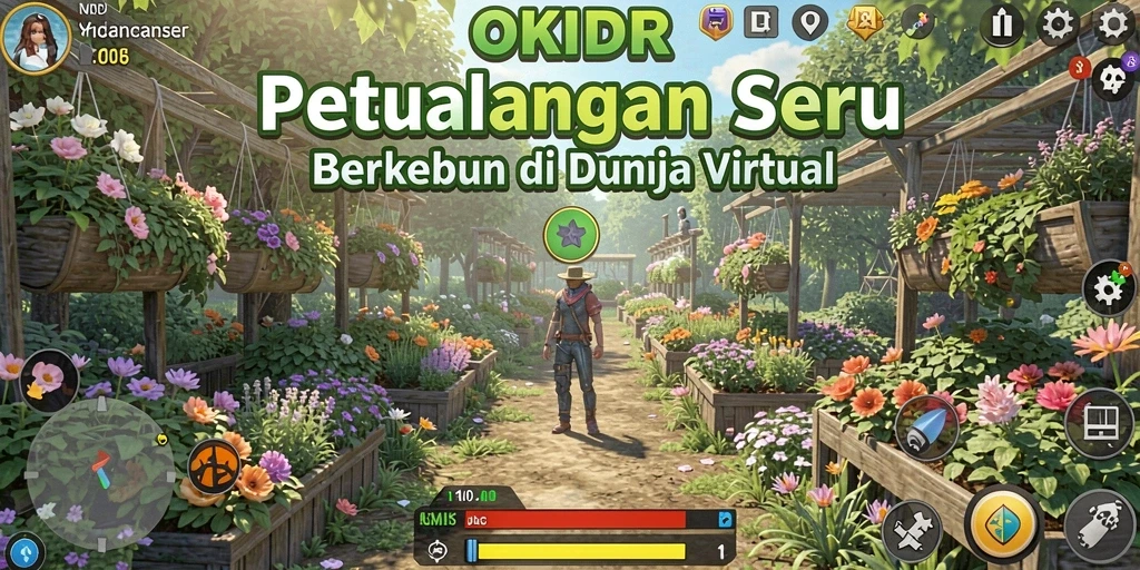 Screenshot OKIDR menampilkan kebun indah dengan berbagai tanaman dan hewan.