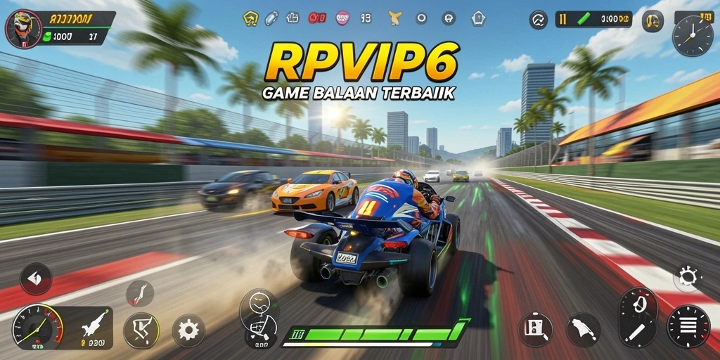 Screenshot gameplay RPVIP6 dengan mobil balap yang cepat.
