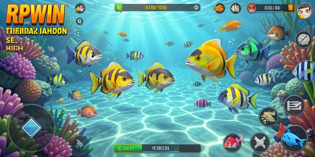 Tampilan gameplay menarik dalam RPWIN dengan berbagai ikan berwarna-warni.
