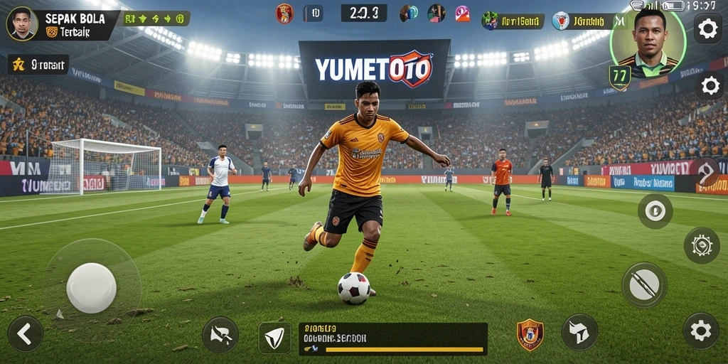 Tangkapan layar gameplay YUMETOTO menampilkan pertandingan sepak bola yang intens.
